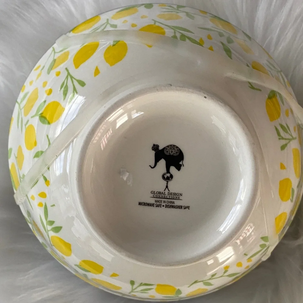 Lemon Pattern Ceramic Serving Bowls - Yellow & Blue (Set of 4) New